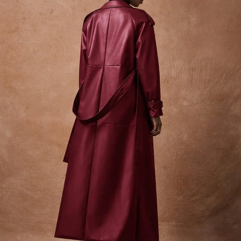 Burgundy Elegant Women's Lapel faux leather belted Long trench Coat - Picture 2 of 8